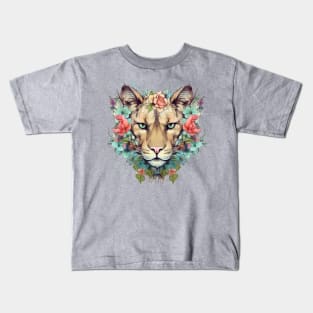 Vintage Mountain Majesty: Floral Crowned Lioness Kids T-Shirt